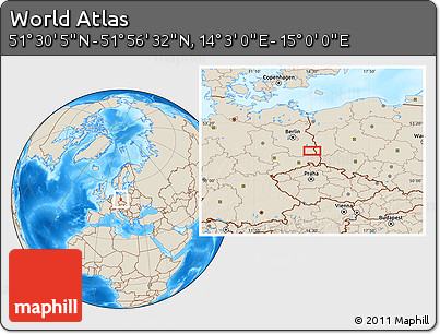 Shaded Relief Location Map of the Area around 51° 43' 18" N, 14° 31' 30" E
