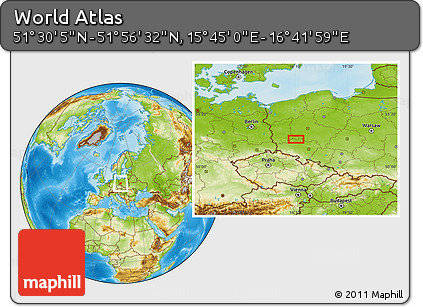 Physical Location Map of the Area around 51° 43' 18" N, 16° 13' 30" E