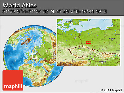 Physical Location Map of the Area around 51° 43' 18" N, 16° 13' 30" E