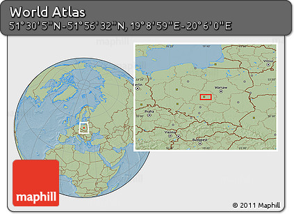 Savanna Style Location Map of the Area around 51° 43' 18" N, 19° 37' 30" E, hill shading