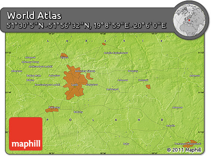 Physical Map of the Area around 51° 43' 18" N, 19° 37' 30" E