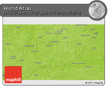 Physical 3D Map of the Area around 51° 43' 18" N, 20° 28' 30" E