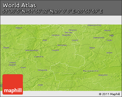 Physical 3D Map of the Area around 51° 43' 18" N, 20° 28' 30" E