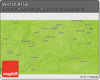 Physical 3D Map of the Area around 51° 43' 18" N, 20° 28' 30" E