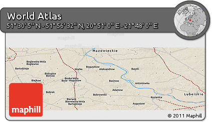 Shaded Relief Panoramic Map of the Area around 51° 43' 18" N, 21° 19' 30" E