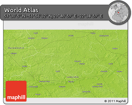 Physical 3D Map of the Area around 51° 43' 18" N, 22° 10' 29" E