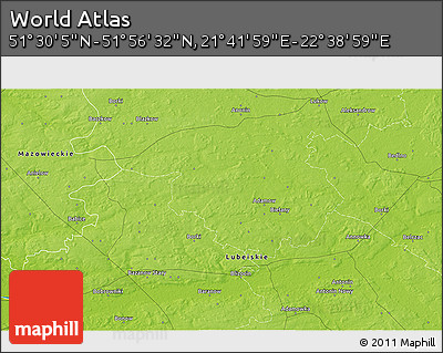 Physical 3D Map of the Area around 51° 43' 18" N, 22° 10' 29" E