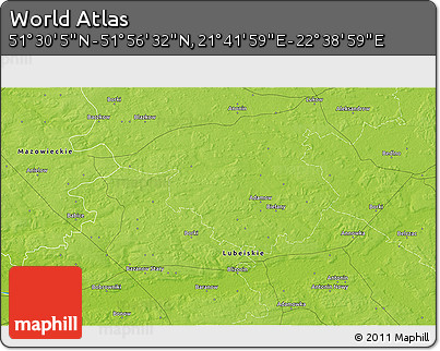 Physical 3D Map of the Area around 51° 43' 18" N, 22° 10' 29" E