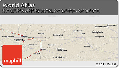 Shaded Relief Panoramic Map of the Area around 51° 43' 18" N, 23° 1' 29" E