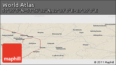 Shaded Relief Panoramic Map of the Area around 51° 43' 18" N, 23° 1' 29" E