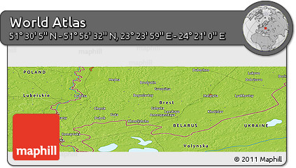 Physical Panoramic Map of the Area around 51° 43' 18" N, 23° 52' 30" E