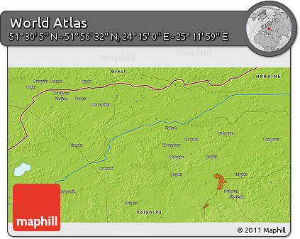 Physical 3D Map of the Area around 51° 43' 18" N, 24° 43' 30" E