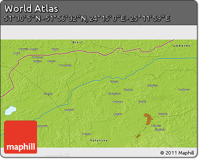 Physical 3D Map of the Area around 51° 43' 18" N, 24° 43' 30" E
