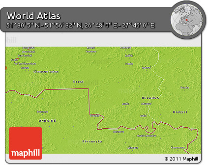 Physical 3D Map of the Area around 51° 43' 18" N, 27° 16' 29" E