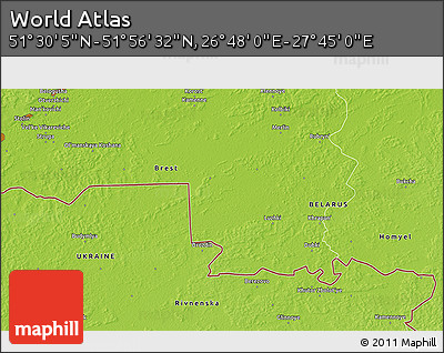 Physical 3D Map of the Area around 51° 43' 18" N, 27° 16' 29" E