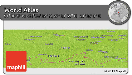 Physical Panoramic Map of the Area around 51° 43' 18" N, 28° 7' 30" E
