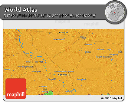 Political 3D Map of the Area around 51° 43' 18" N, 29° 49' 30" E