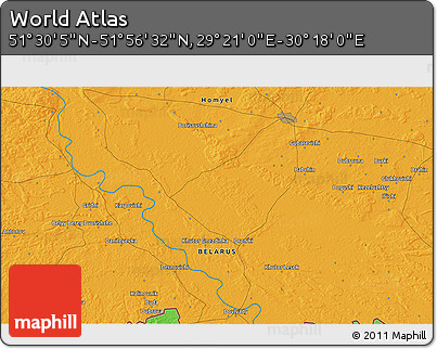 Political 3D Map of the Area around 51° 43' 18" N, 29° 49' 30" E