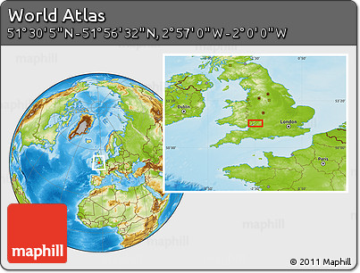 Physical Location Map of the Area around 51° 43' 18" N, 2° 28' 30" W