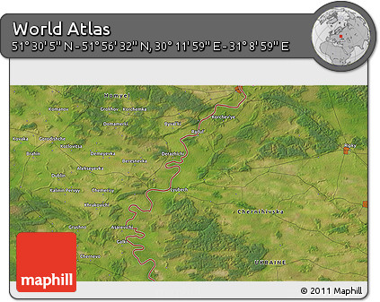 Satellite 3D Map of the Area around 51° 43' 18" N, 30° 40' 29" E