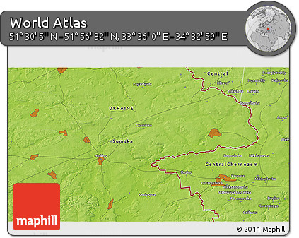 Physical 3D Map of the Area around 51° 43' 18" N, 34° 4' 30" E