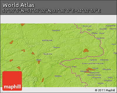 Physical 3D Map of the Area around 51° 43' 18" N, 34° 4' 30" E