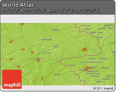 Physical 3D Map of the Area around 51° 43' 18" N, 34° 4' 30" E
