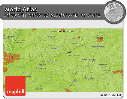 Physical 3D Map of the Area around 51° 43' 18" N, 36° 37' 30" E
