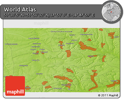 Physical 3D Map of the Area around 51° 43' 18" N, 38° 19' 30" E