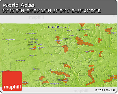 Physical 3D Map of the Area around 51° 43' 18" N, 38° 19' 30" E