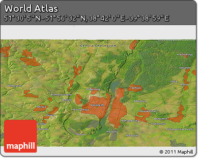 Satellite 3D Map of the Area around 51° 43' 18" N, 39° 10' 29" E
