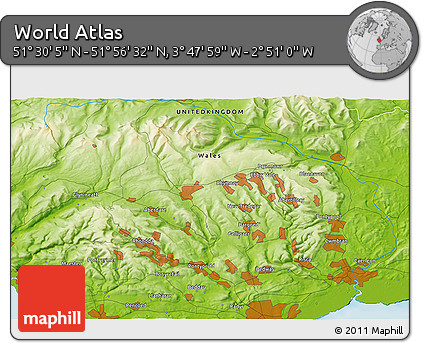Physical 3D Map of the Area around 51° 43' 18" N, 3° 19' 30" W