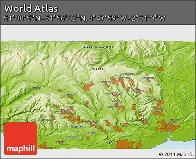 Physical 3D Map of the Area around 51° 43' 18" N, 3° 19' 30" W