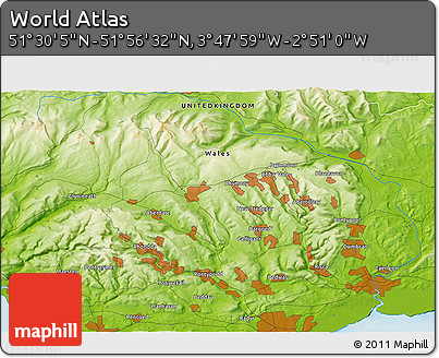 Physical 3D Map of the Area around 51° 43' 18" N, 3° 19' 30" W