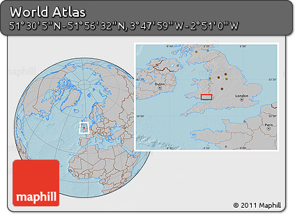 Gray Location Map of the Area around 51° 43' 18" N, 3° 19' 30" W, hill shading