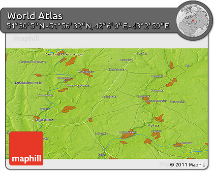 Physical 3D Map of the Area around 51° 43' 18" N, 42° 34' 30" E