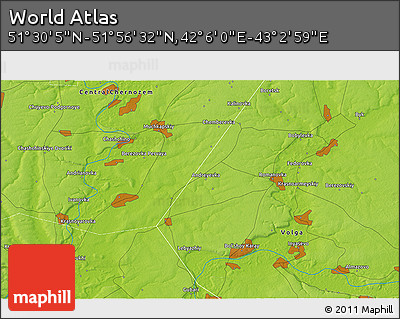 Physical 3D Map of the Area around 51° 43' 18" N, 42° 34' 30" E