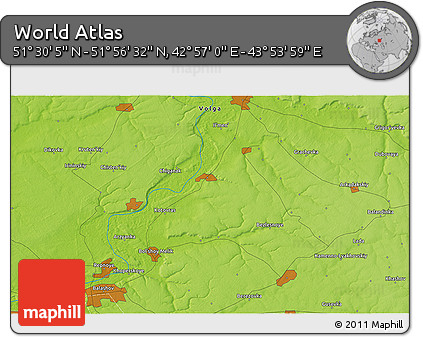 Physical 3D Map of the Area around 51° 43' 18" N, 43° 25' 29" E
