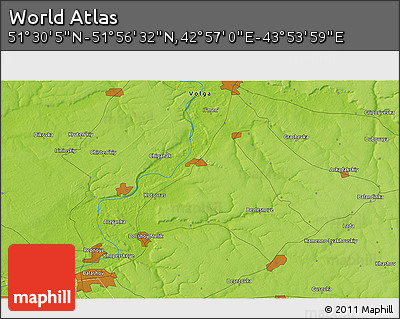 Physical 3D Map of the Area around 51° 43' 18" N, 43° 25' 29" E