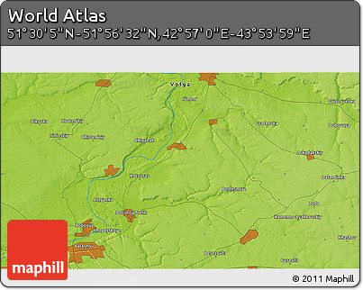 Physical 3D Map of the Area around 51° 43' 18" N, 43° 25' 29" E
