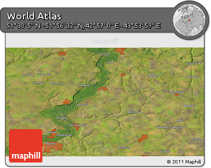 Satellite 3D Map of the Area around 51° 43' 18" N, 43° 25' 29" E