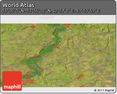 Satellite 3D Map of the Area around 51° 43' 18" N, 43° 25' 29" E