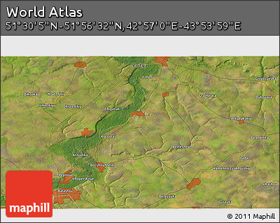 Satellite 3D Map of the Area around 51° 43' 18" N, 43° 25' 29" E