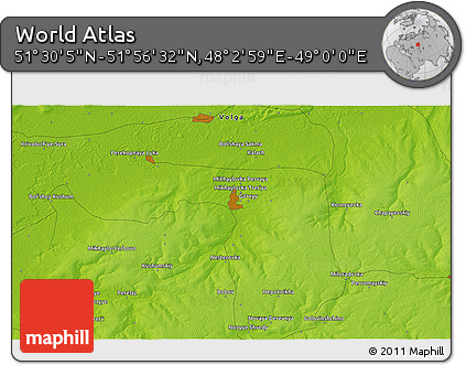Physical 3D Map of the Area around 51° 43' 18" N, 48° 31' 29" E