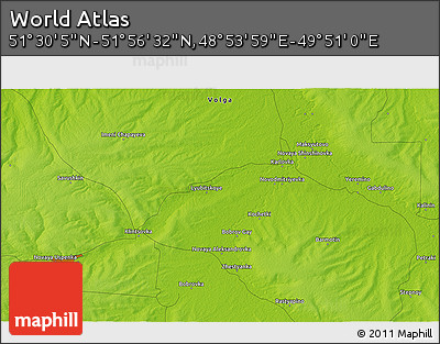 Physical 3D Map of the Area around 51° 43' 18" N, 49° 22' 30" E