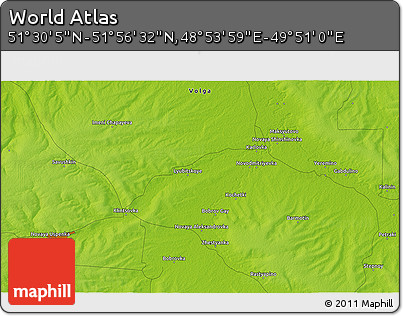 Physical 3D Map of the Area around 51° 43' 18" N, 49° 22' 30" E