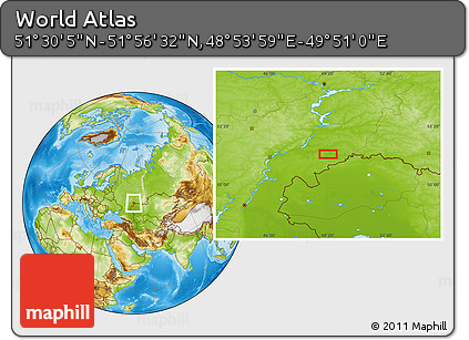 Physical Location Map of the Area around 51° 43' 18" N, 49° 22' 30" E