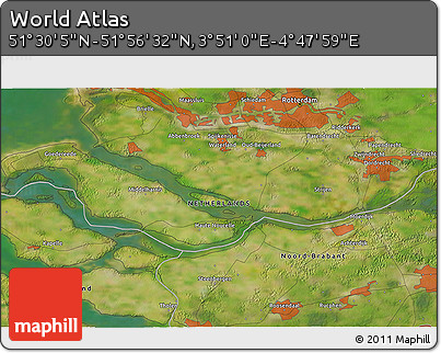 Satellite 3D Map of the Area around 51° 43' 18" N, 4° 19' 30" E