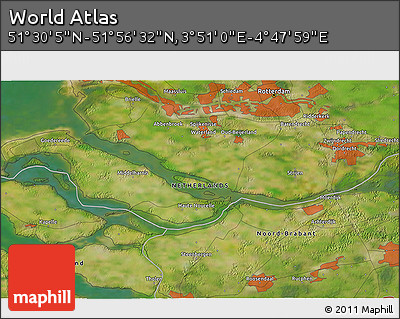 Satellite 3D Map of the Area around 51° 43' 18" N, 4° 19' 30" E