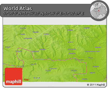 Physical 3D Map of the Area around 51° 43' 18" N, 51° 4' 30" E